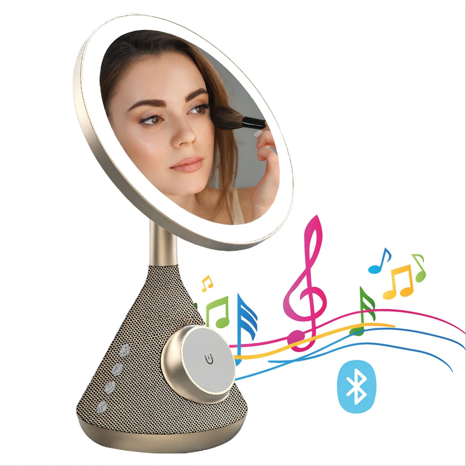 Dermalaze LED Make-up Spiegel – 3 Lichtstanden, Bluetooth Speaker, Draadloos Opladen & USB Poort – Luxe Compact Design