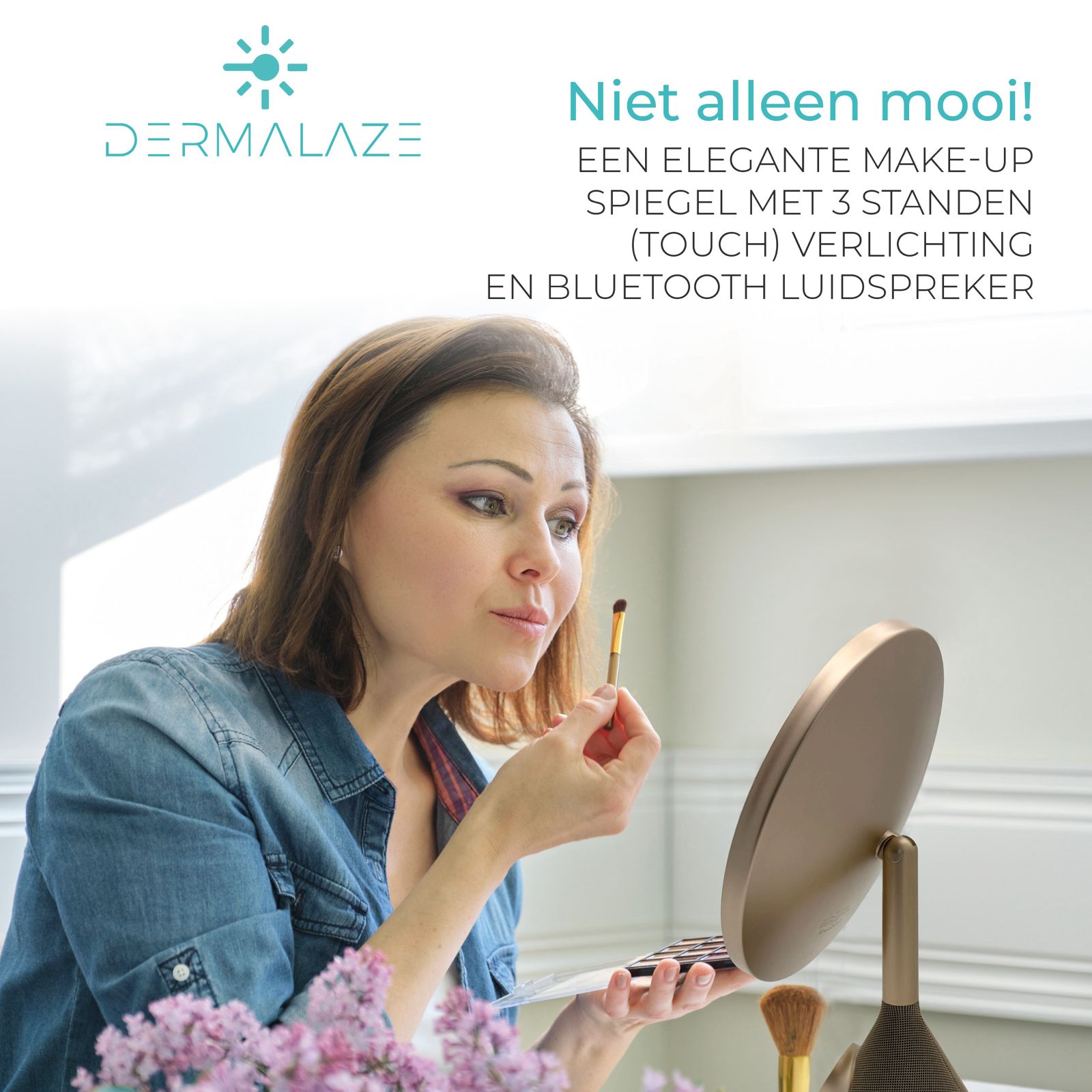 Dermalaze LED Make-up Spiegel – 3 Lichtstanden, Bluetooth Speaker, Draadloos Opladen & USB Poort – Luxe Compact Design