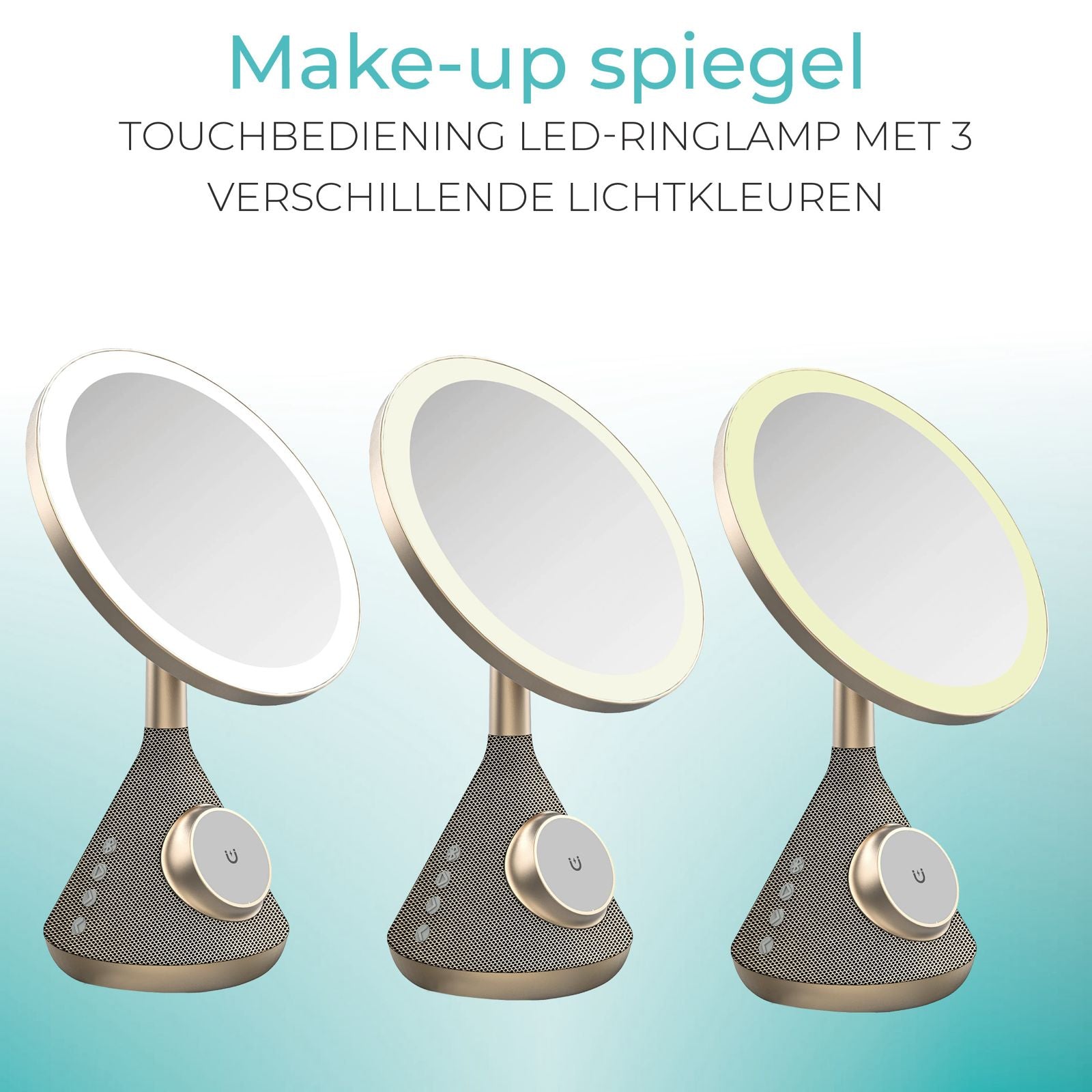 Dermalaze LED Make-up Spiegel – 3 Lichtstanden, Bluetooth Speaker, Draadloos Opladen & USB Poort – Luxe Compact Design