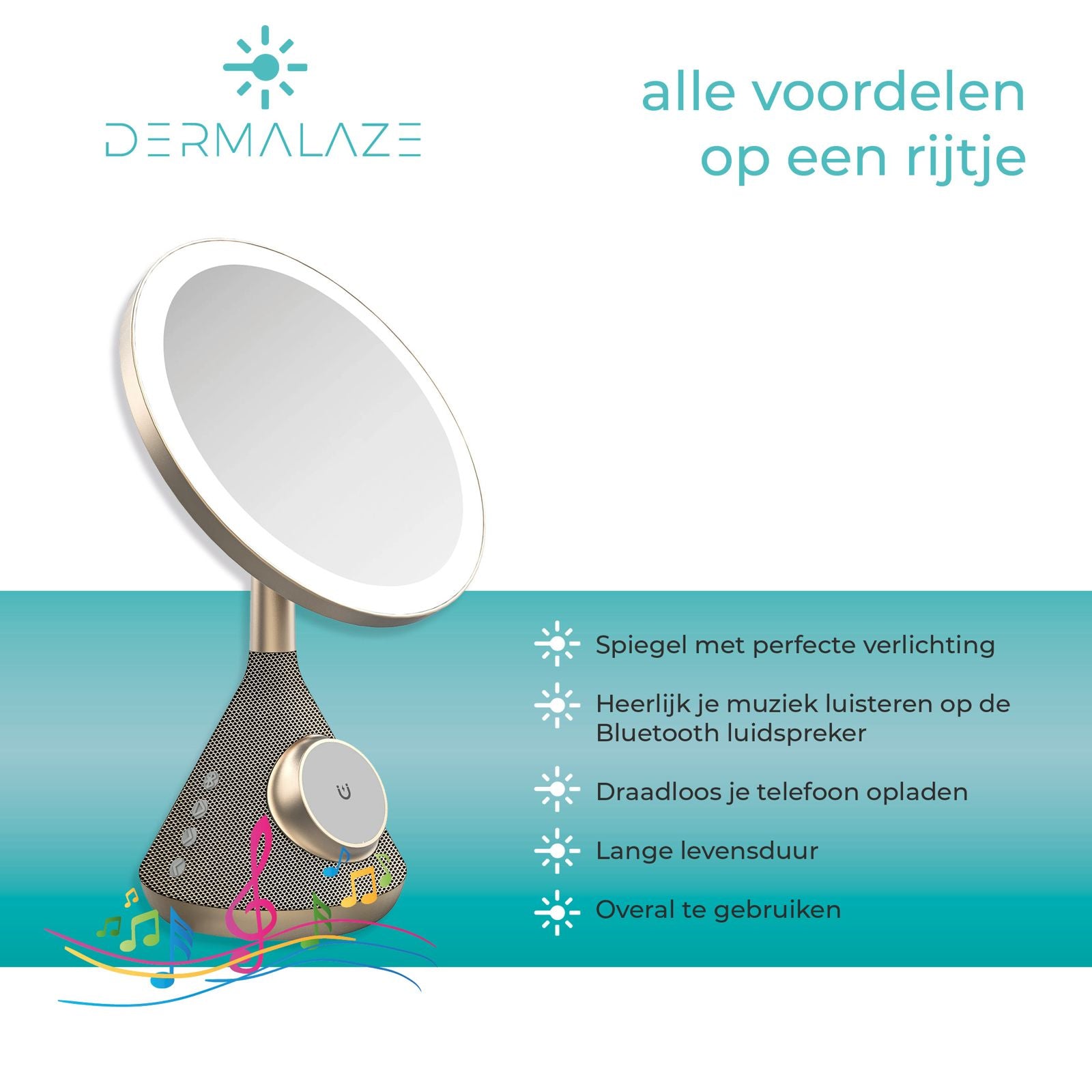 Dermalaze LED Make-up Spiegel – 3 Lichtstanden, Bluetooth Speaker, Draadloos Opladen & USB Poort – Luxe Compact Design