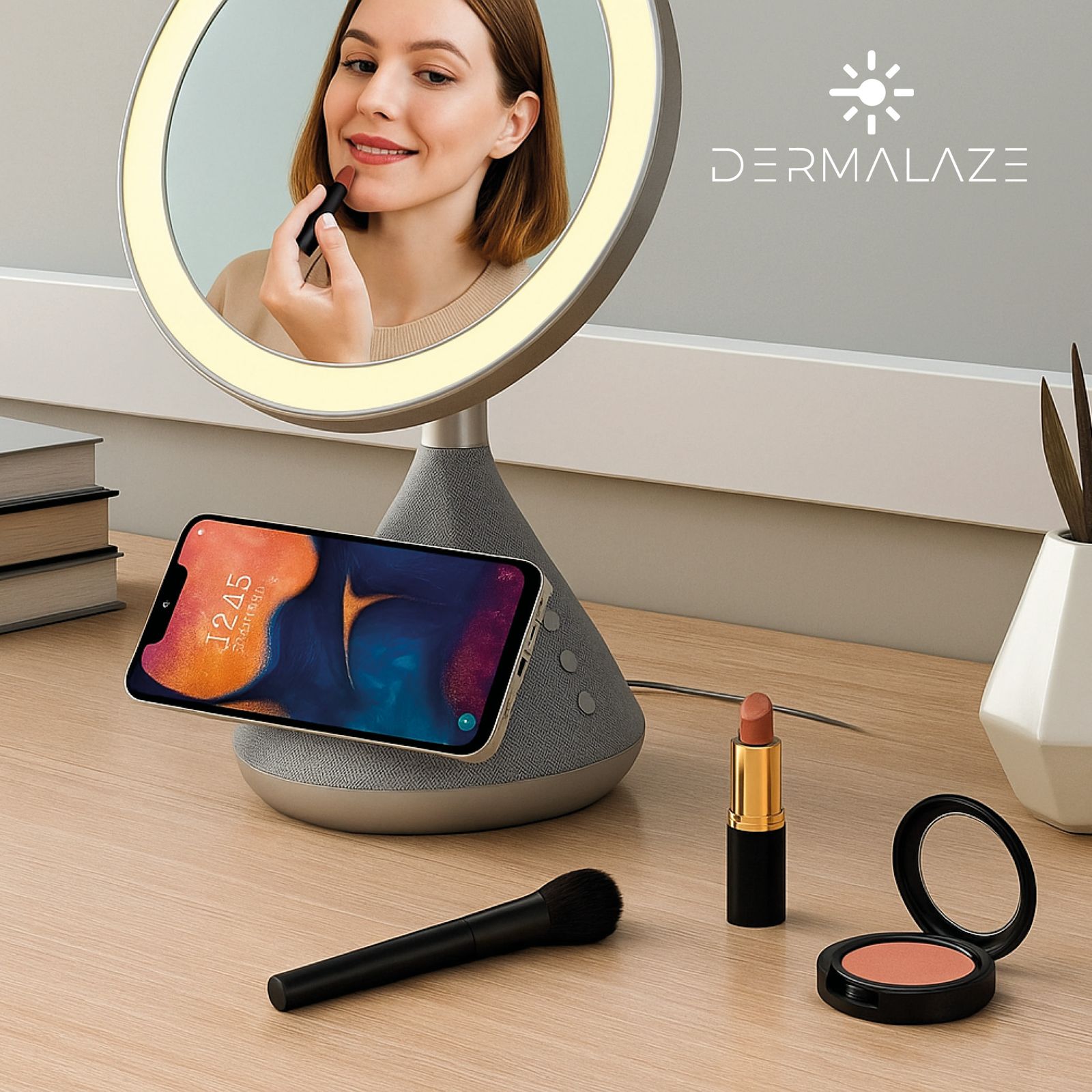 Dermalaze LED Make-up Spiegel – 3 Lichtstanden, Bluetooth Speaker, Draadloos Opladen & USB Poort – Luxe Compact Design